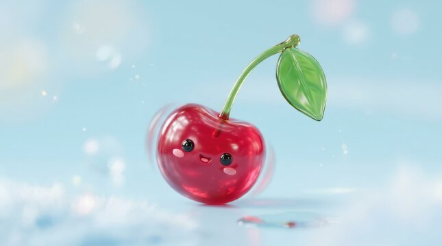A dreamy kawaii cherry wobbling gently, glossy pastel blue backdrop, translucent candy shine, soft playful motion, sweet whimsical mood, ultra-realistic, no logos.
