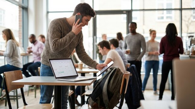 A young man pausing briefly while multitasking, staying connected with digital devices in a modern setting, casual focus and a dynamic everyday productivity mood, ultra-realistic, no logos.