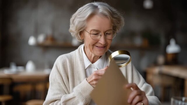 Elderly Asian woman reviews printed crowdfunding real estate prospectus at dining room table, magnifying glass in hand, modest home interior, small investor, senior retirement inve