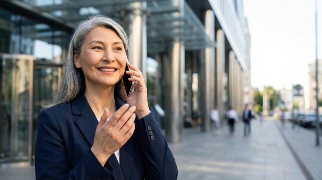 A close-up of a smiling mature Asian businesswoman talking on a smartphone outside an office building, communication-focused corporate portrait, web banner composition, copy space, ultra-realistic, no