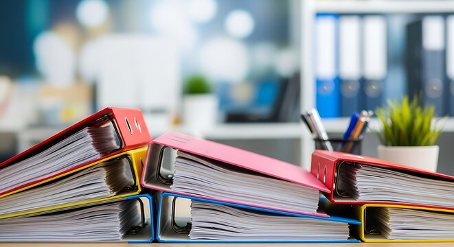 Stacked multicolored lever arch files on office desk with binders in background