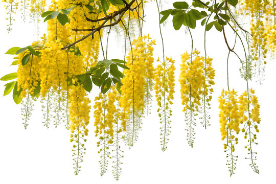 Beautiful hanging golden shower tree flowers with green leaves isolated on transparent background