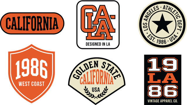 California and Los Angeles Retro Athletic Badge Collection for Streetwear Apparel, West Coast Branding, and Vintage Merchandise