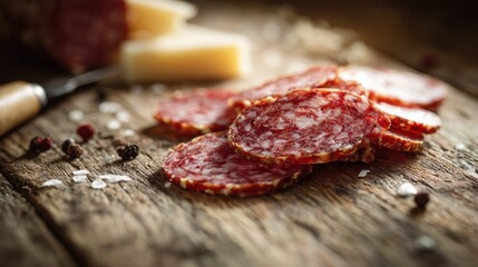Obraz premium Top-down photograph of sliced salami on a rustic wooden kitchen table with warm natural lighting