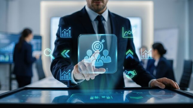 A businessman touching a target audience icon with digital marketing and analytics symbols, customer targeting and CRM strategy concept, focused business atmosphere, ultra-realistic, no logos.