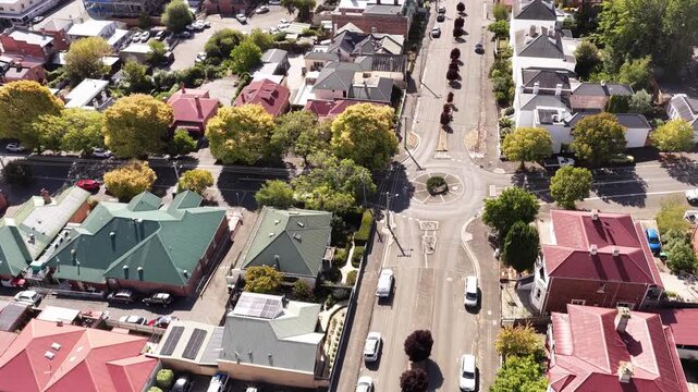 Streets top down aerial view Launceston city in Tasmania, Australia &ndash; downtown architecture.