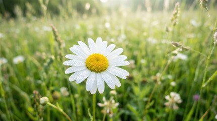 Fototapeta premium A solitary white chamomile flower with a vivid yellow center against a blurred green meadow, gentle natural light and airy spring freshness, ultra-realistic, no logos.