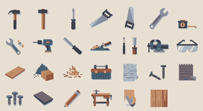 Collection of various carpentry tools and equipment on light background