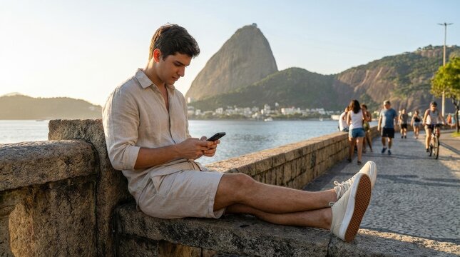 A young man using his phone along Urca&rsquo;s Wall in a sunny setting, coastal background, relaxed posture and bright open-air atmosphere, ultra-realistic, no logos.