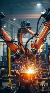 Industrial robotic arms performing orange spark welding in factory