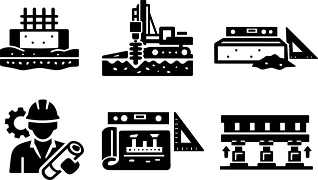 Construction icons concrete drilling foundation tools isolated on white background
