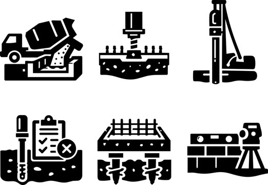 Construction icons concrete drilling foundation tools