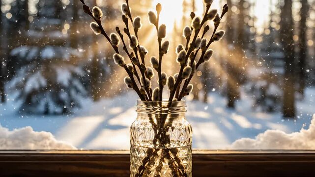 Pussy willow branches in glass jar on a wooden windowsill against a snowy winter forest in soft golden sunset light. Falling snow creates a cozy atmosphere of early spring beauty.