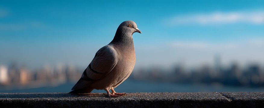 The pigeon rested quietly on the rooftop ledge in bright daylight.