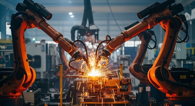Robotic arms welding metal parts in industrial factory with bright sparks