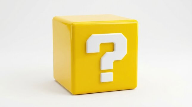 A bright yellow mystery box with a bold question mark, isolated on a clean background, playful iconic shape, glossy surface, ultra-realistic, no logos.