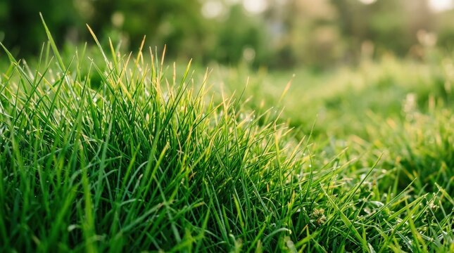 A close-up grass field with dense green meadow blades, fine texture, sunlit tips and shallow depth of field, fresh natural energy and luminous daylight softness, ultra-realistic, no logos.