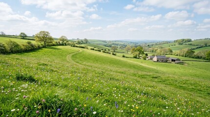 Obraz premium A rolling green grass hill dotted with small flowers, soft contours, fresh spring vegetation and open sky ambiance, peaceful pastoral mood in bright natural daylight, ultra-realistic, no logos.