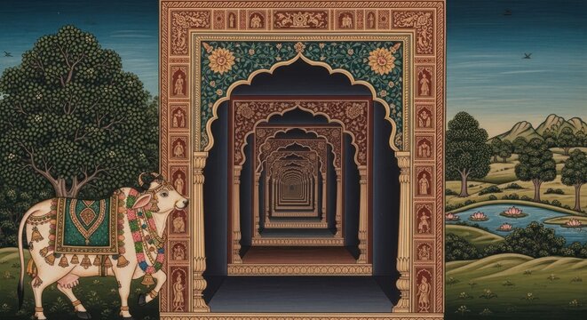 Ornate Indian Gateway with Sacred Cow and Lush Landscape.