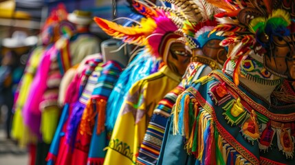 Fototapeta premium Colorful traditional costumes displayed at a market, featuring intricate patterns and vibrant feathers, showcasing cultural heritage and craftsmanship in a lively outdoor setting