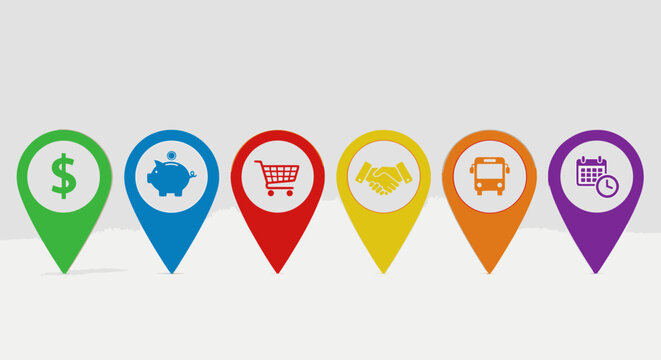 Colorful icon pointers representing financial and commercial concepts