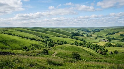 Fototapeta premium Rolling green grass hills under open sky, layered contours, lush vegetation and fresh natural color, tranquil countryside mood with clear daylight, ultra-realistic, no logos.