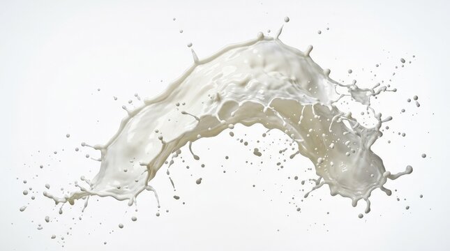 A white milk wave splash with splatters and suspended drops isolated on a clean background, silky fluid motion and glossy highlights, fresh energetic studio look, ultra-realistic, no logos.