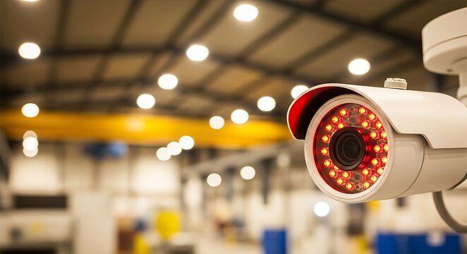 Indoor security camera with red infrared lights in industrial warehouse