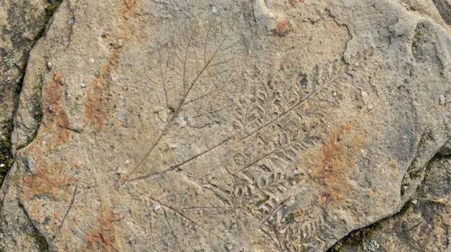 Stone texture with a subtle leaf pattern, natural mineral surface and quiet botanical imprint, organic abstract background with earthy calm, ultra-realistic, no logos.