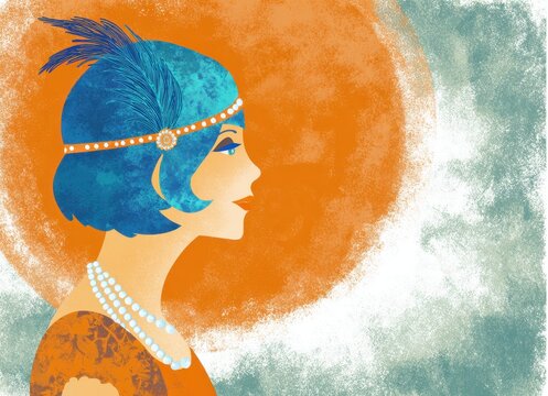 Stylish woman illustration in 1920s flapper fashion with bobbed hair and feathered headband