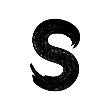 black and white S letter design, Hand-drawn black ink brush stroke letter S with grunge texture on white background.