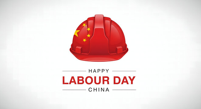 A professional commemorative graphic for Happy Labour Day China, featuring a patriotic red hard hat isolated on a white background.