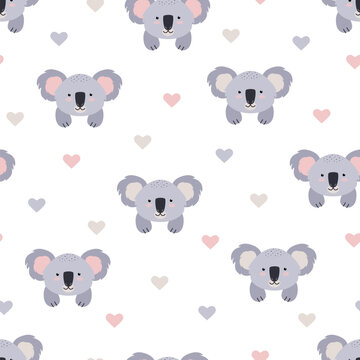 Cute koala face with paws and hearts. Seamless pattern cute animal. Vector illustration, cartoon background, wallpaper.