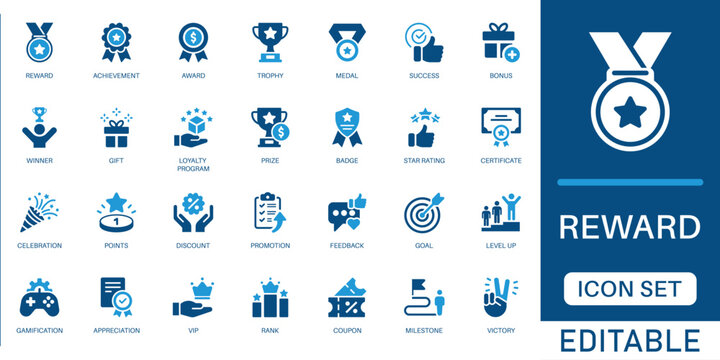 Reward icon set. featuring success, achievement, winner trophy, gold medal, gift bonus, and loyalty program badges in blue flat design.