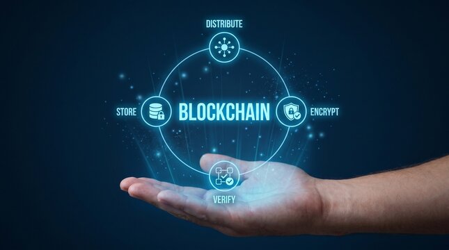 A hand holding a blockchain network with icons representing distribute, encrypt, verify, store.