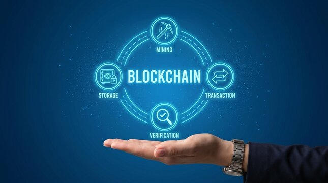 A person showcasing a blockchain concept with icons representing mining, transaction, verification, and storage.