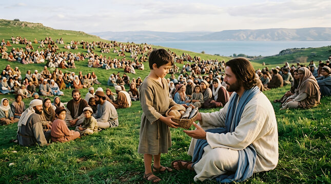 Jesus christ kneeling and accepting a basket of bread and fish from a young boy with a large crowd of people sitting on a grassy hillside