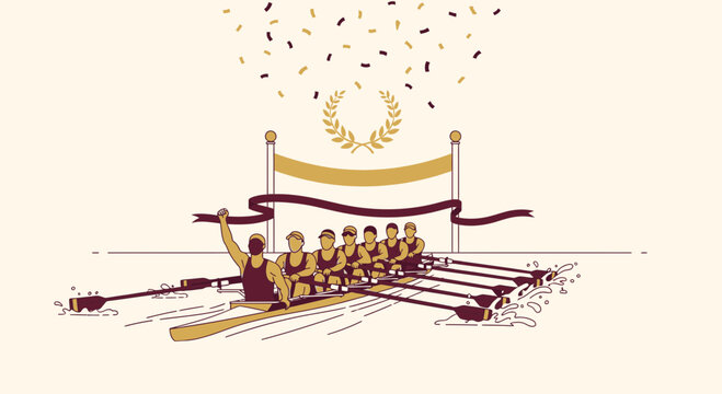 Rowing Team Victorious Crossing Finish Line With Confetti And Laurel Wreath