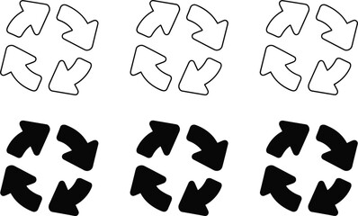 Fototapeta premium Set of circular rotation arrow icons in outline and solid black styles representing recycling synchronization continuous process loading refresh and environmental sustainability concepts, 23 words.