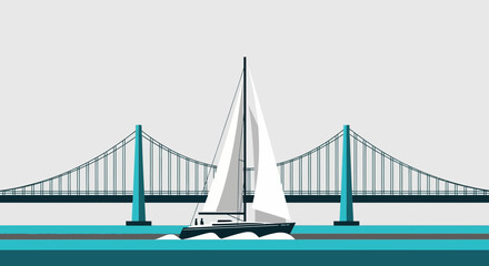 Obraz premium Sailing Yacht Navigates Under Iconic Suspension Bridge