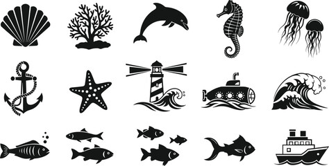 Marine ocean silhouette icons collection featuring dolphin seahorse jellyfish lighthouse submarine anchor fish wave nautical vector illustration set © AVII.