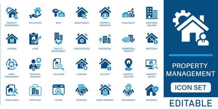 Property management icon set. featuring real estate investment, home maintenance, apartment rental, and facility management in blue flat design.