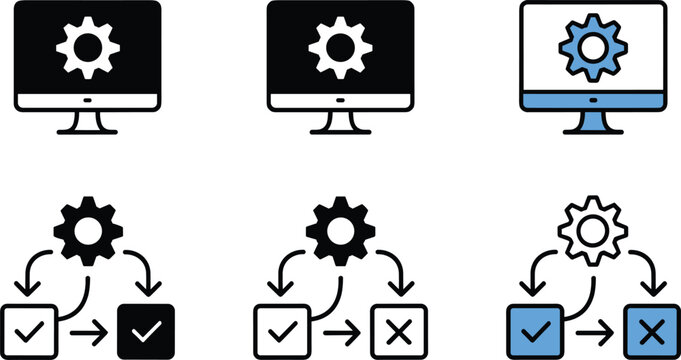 Set of computer monitor settings icons and technical workflow processing symbols featuring gear cogs with check marks and cross signs for software development system management, 24 words.