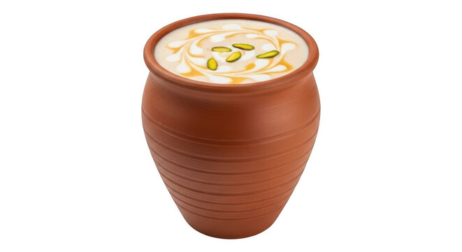 Traditional indian clay cup with lassi yogurt drink isolated on transparent background