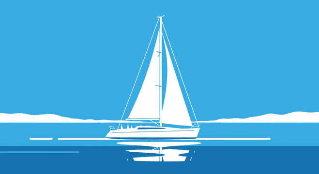 Serene White Sailboat Adrift On Blue Ocean Waters Under Clear Sky