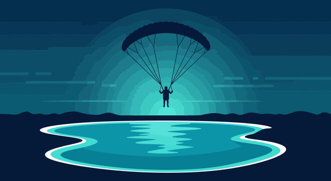 Serene Dusk Paragliding Over Tranquil Water Reflection