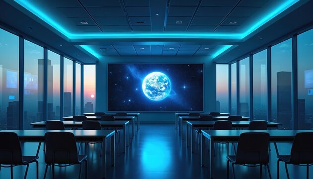 Modern classroom glows with blue light. Large screen shows planet Earth in starry space. Rows of empty desks await students for learning. Cityscape visible through windows.
