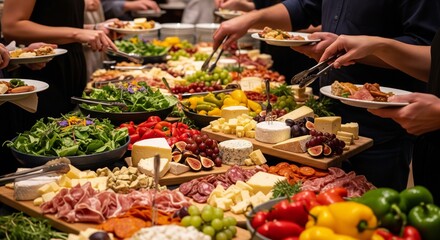 Obraz premium Abundant buffet spread of cheese charcuterie fruits and salads catering to a gathering
