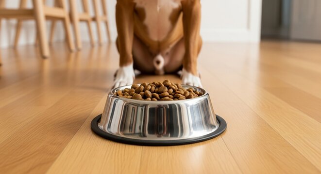 Adorable Boxer dog waiting patiently for food in a shiny metal bowl on a wooden floor