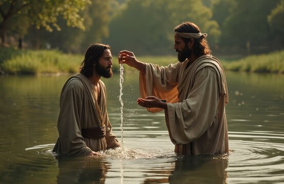 John the Baptist pours water over Jesus head in river. Man baptizes another man in Jordan river. Religious ceremony with holy water. Spiritual faith ritual in nature.